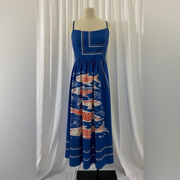 Amazon Dresses & Skirts - Amazon Blue Sleeveless Maxi Dress with Red & White Koi Print